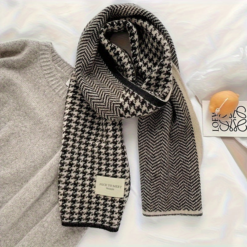 Black and White Houndstooth Scarf Thick Cozy Winter Fleece Wrap