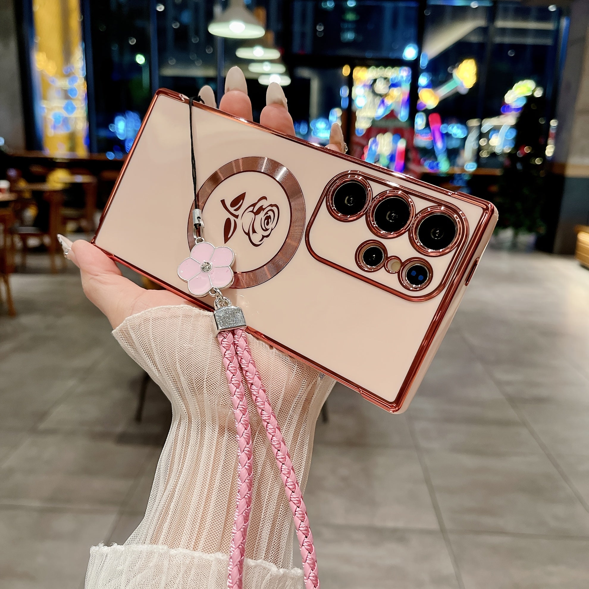 Magnetic Wireless Charging Woven Flower Lanyard Phone Case for Samsung Galaxy S21 S22 S23 S24 Ultra