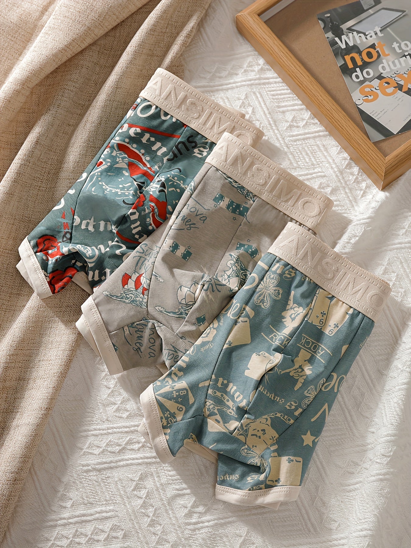 Men's Breathable Cotton Boxer Briefs Pack of 3 Geometric Pattern Comfortable Loose Fit