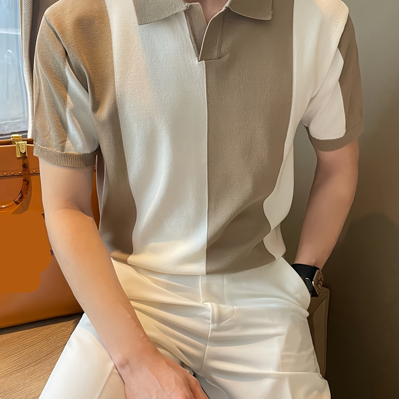 Men's Color Block Short Sleeve Lapel Golf Shirt Summer Rayon High Stretch Casual Regular Fit