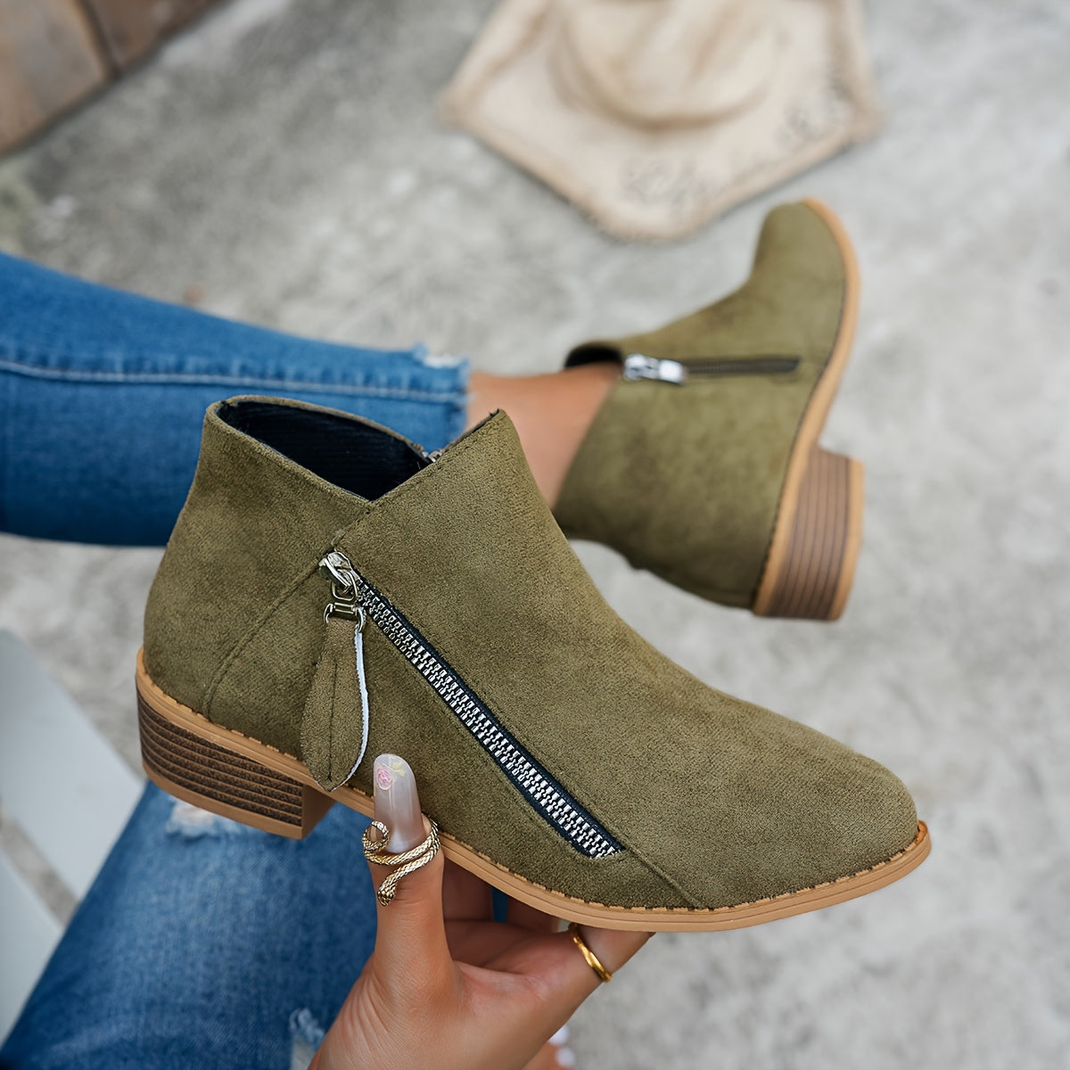 Women's Faux Leather Chelsea Ankle Boots with Chunky Heel and Side Zipper