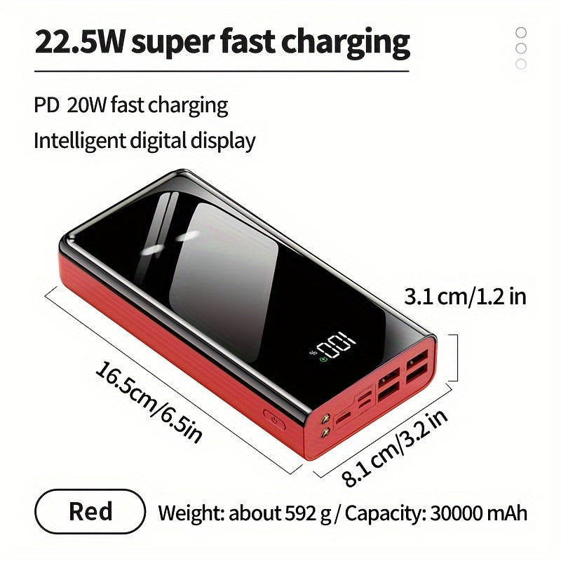 30000mAh Ultra-Thin Portable Power Bank Fast Charging LED Flashlight Compatible with iPhone Android Digital Devices