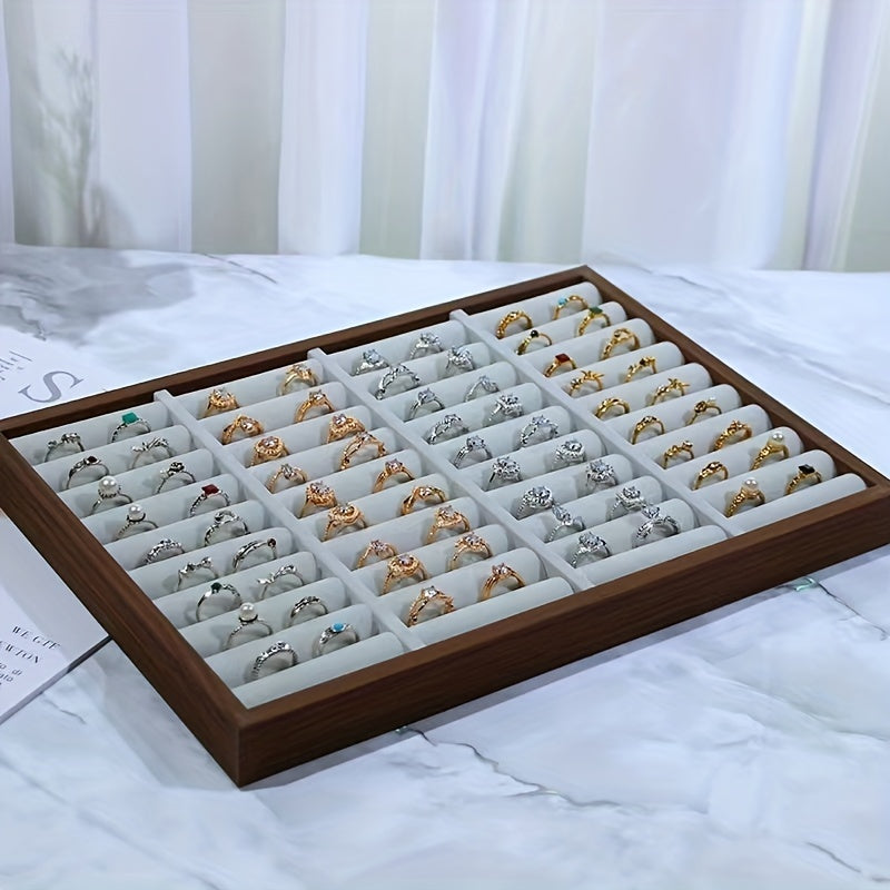 Wooden Jewelry Display Box with Plush Ring Holder and Large Storage Tray