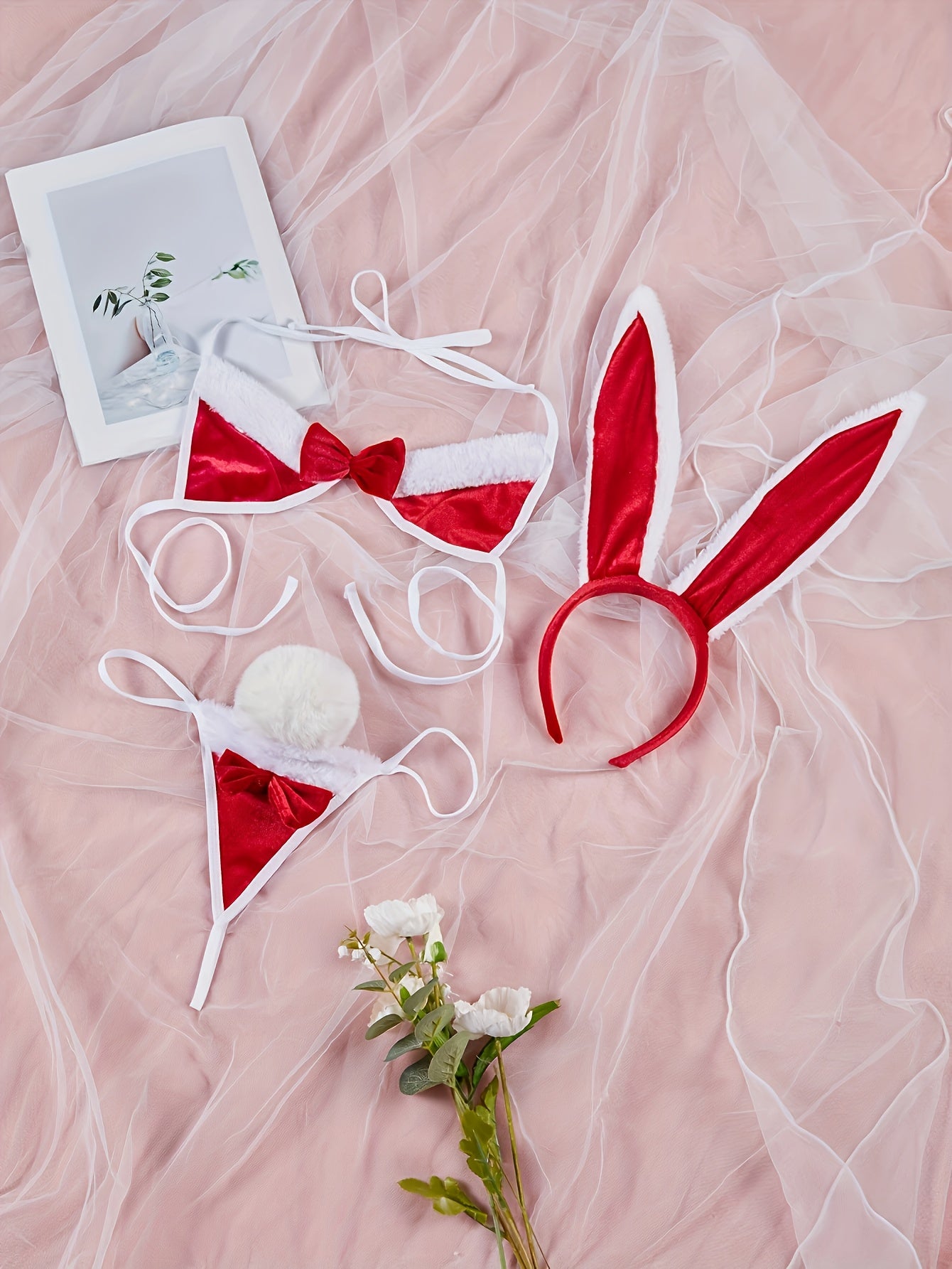 Adult Bunny Costume Set with Headband Bralette Thong and Bunny Tail