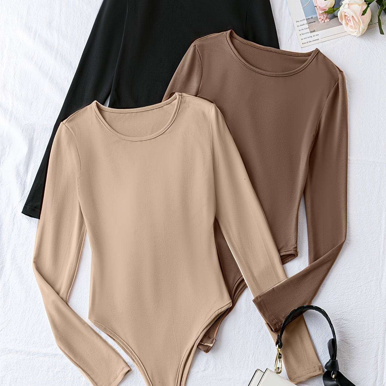Women's Solid Polyester Crew Neck Long Sleeve Bodysuits Pack of Three Casual One-Piece Clothing