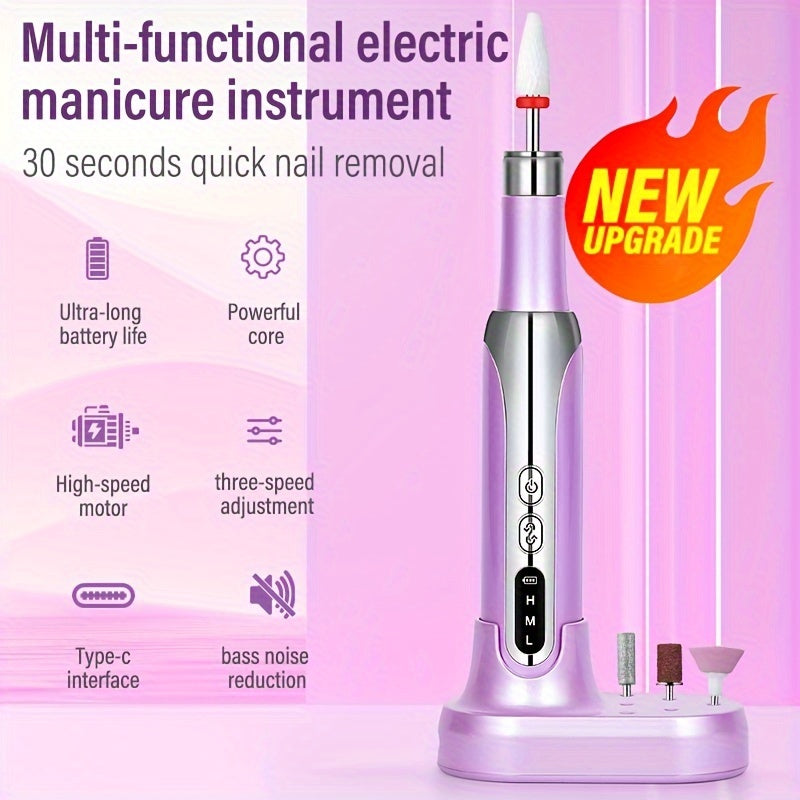Portable Electric Nail Drill with USB Charging 3-Speed Low Noise Manicure Pedicure Tool