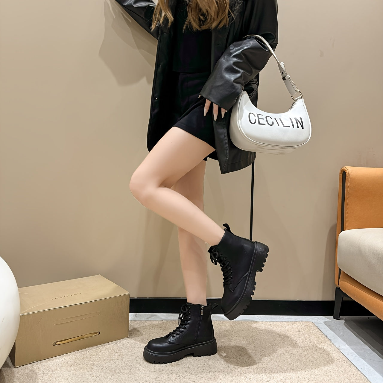 Women's Black Platform Ankle Boots with Zipper, Low Heel, All-Season