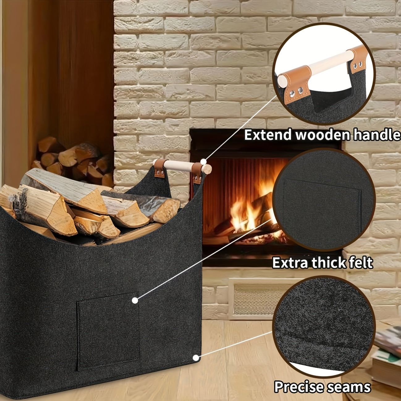 Wood Basket XXL Firewood Basket with Handles Dark Gray 55L Foldable