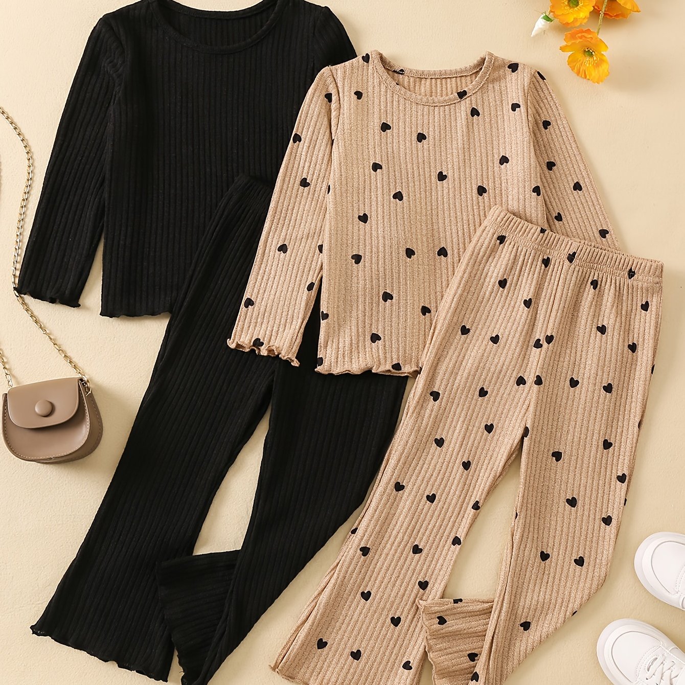 Conjunto de ropa de punto para niñas con bordes con volantes en poliéster negro y rojo para primavera y otoño