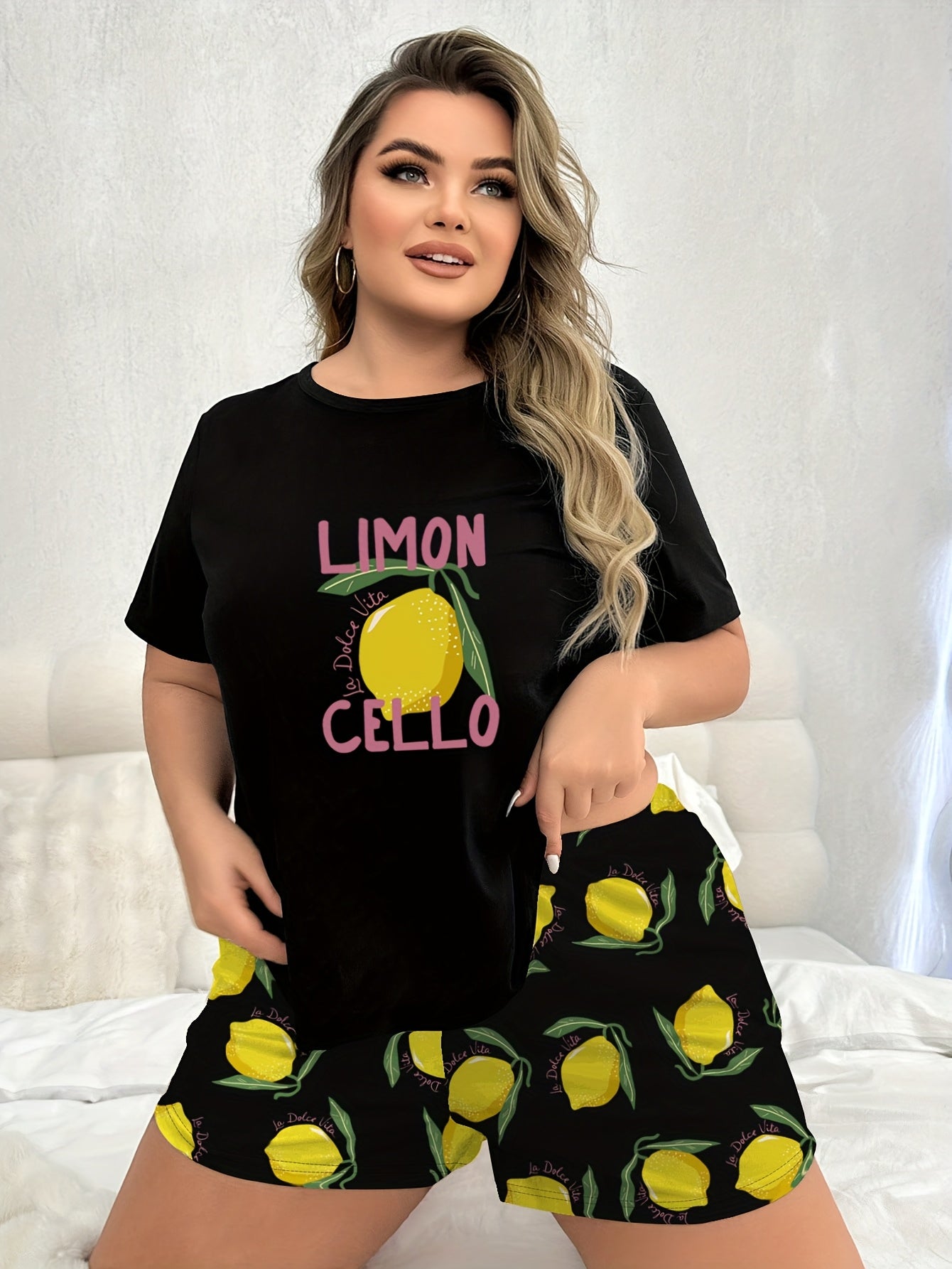 Women Plus Size Pajama Set Black Lemon Cartoon Short Sleeve Sleepwear