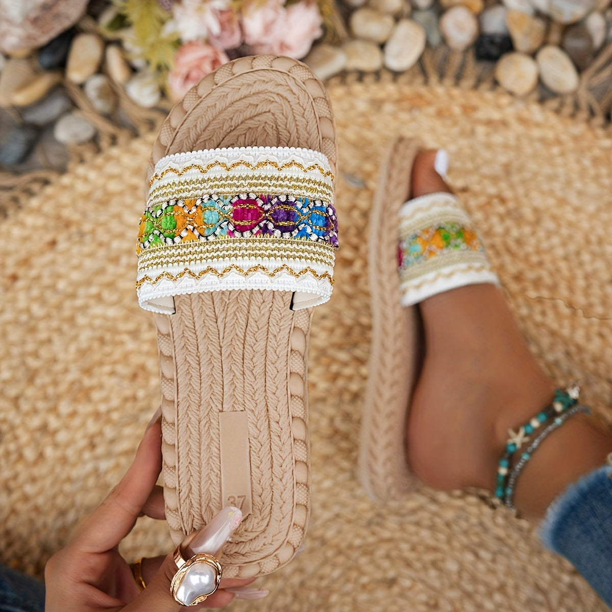 Women's Bohemian Flat Sandals with Beaded Ankle Bracelets for Casual and Beach Wear
