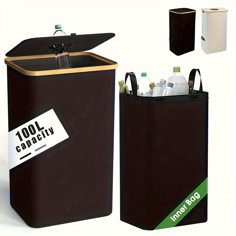 Bamboo Kitchen Recycling Bin 26 Gallon Capacity Removable Tote Bag Indoor Use