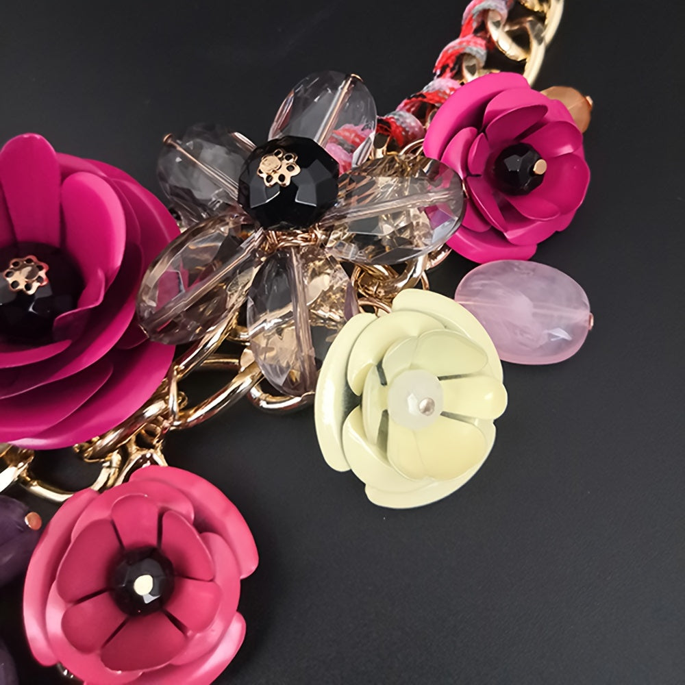 Women’s Metal Collarbone Chain Necklace with Floral Design and Crystal Pendant