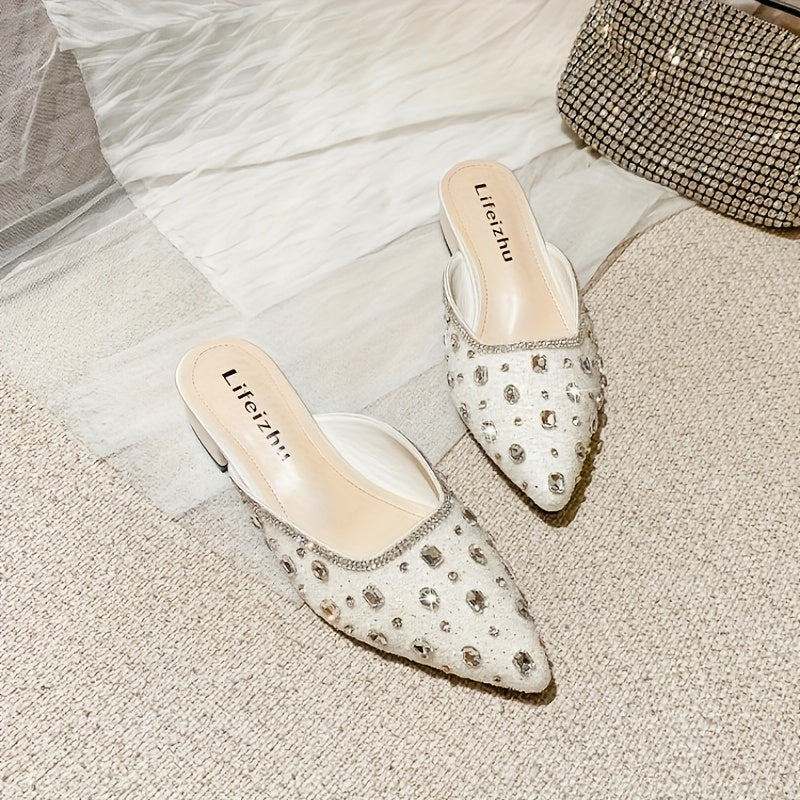 Women Rhinestone Embellished Pointed-Toe Mules with Chunky Heel Summer Shoes