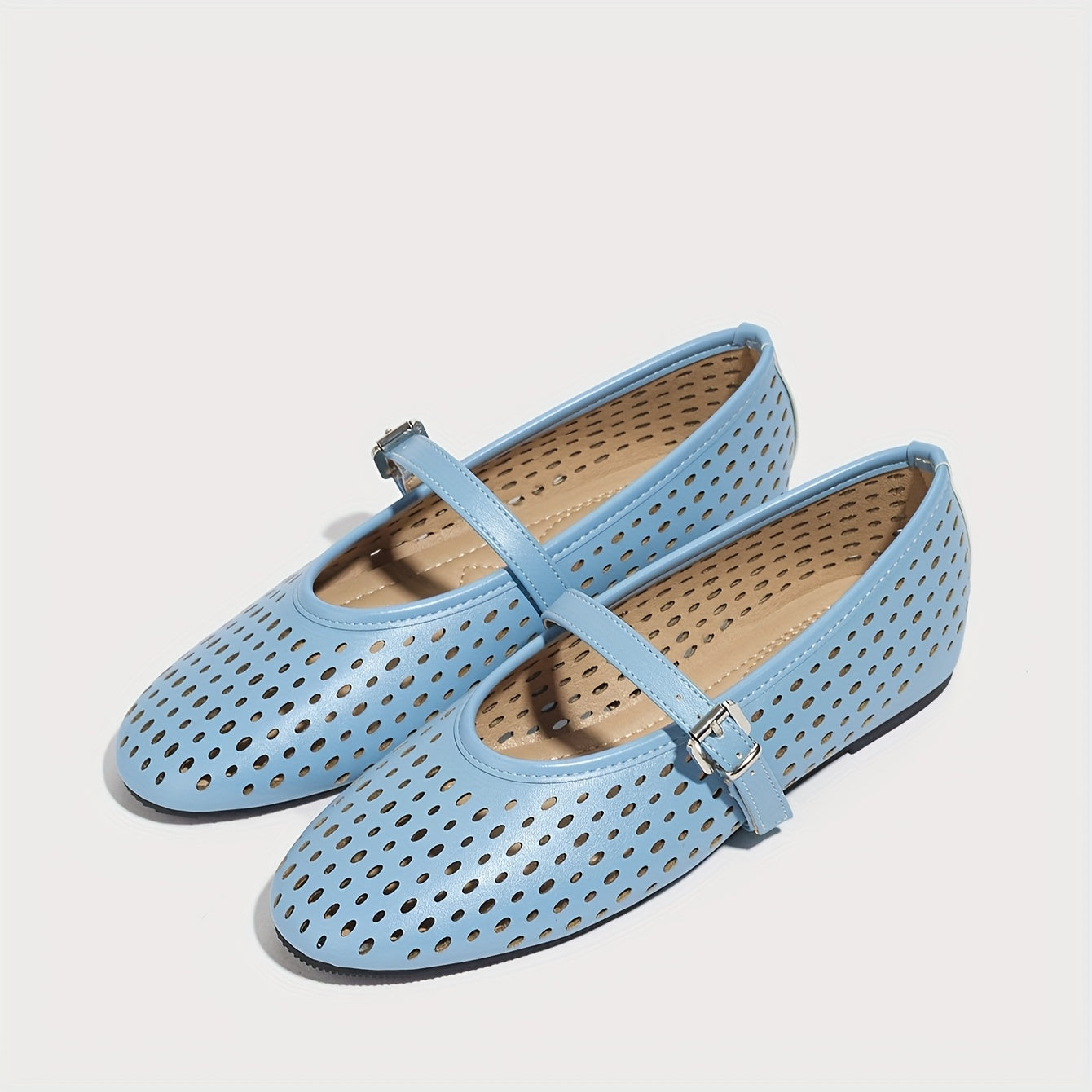 Women's Breathable Cut-Out Mary Jane Flats Synthetic Ballet Shoes with Adjustable Buckle