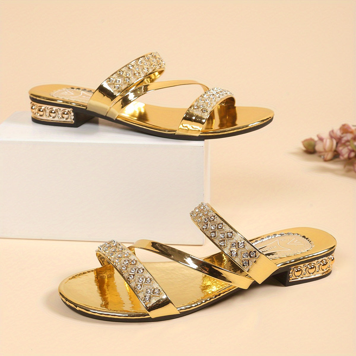 Women's Golden Satin Sandals with Rhinestone Straps Open-Toe Low Heel