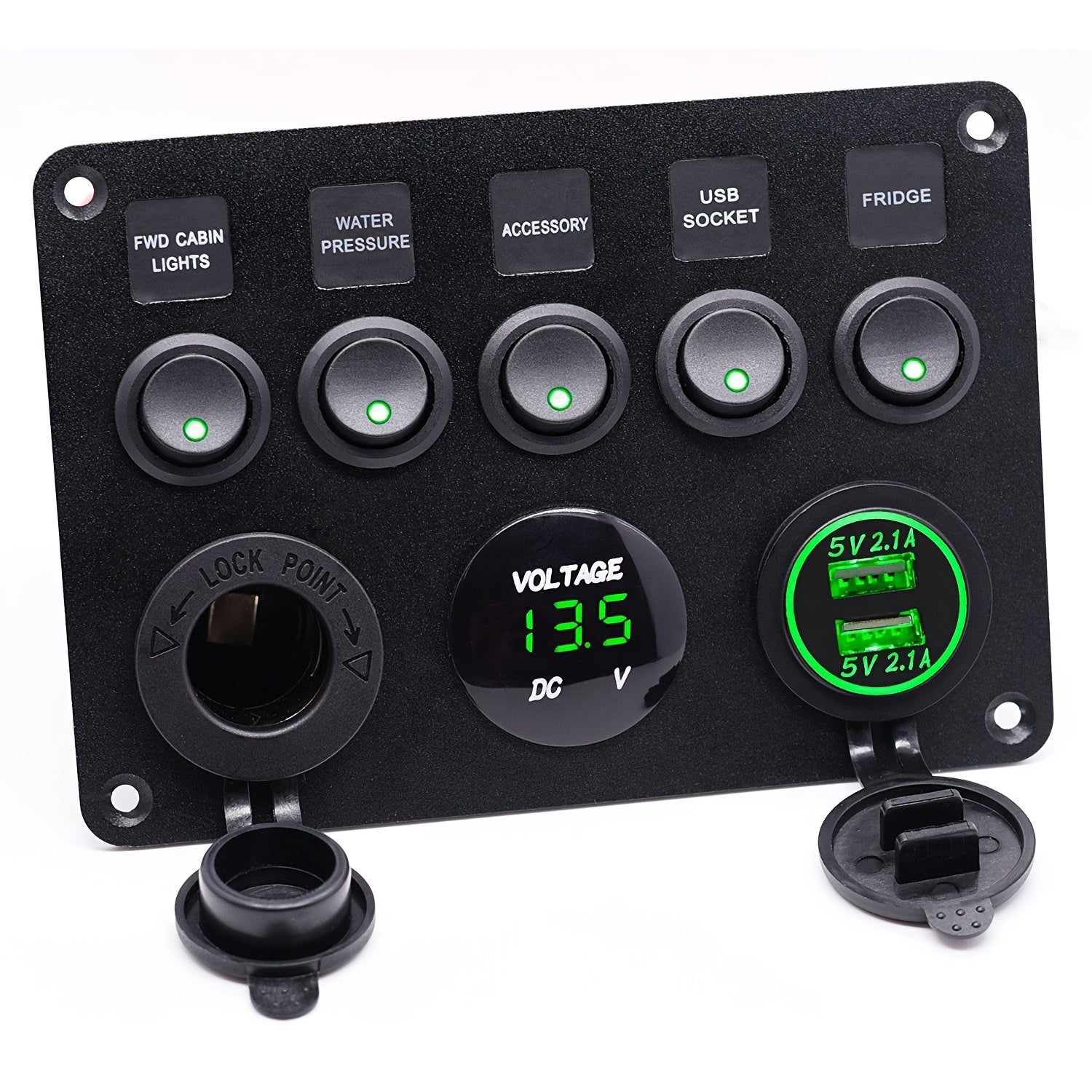 Multi-Function 5 Gang Rocker Switch Panel with USB Charger Volt and Fuse