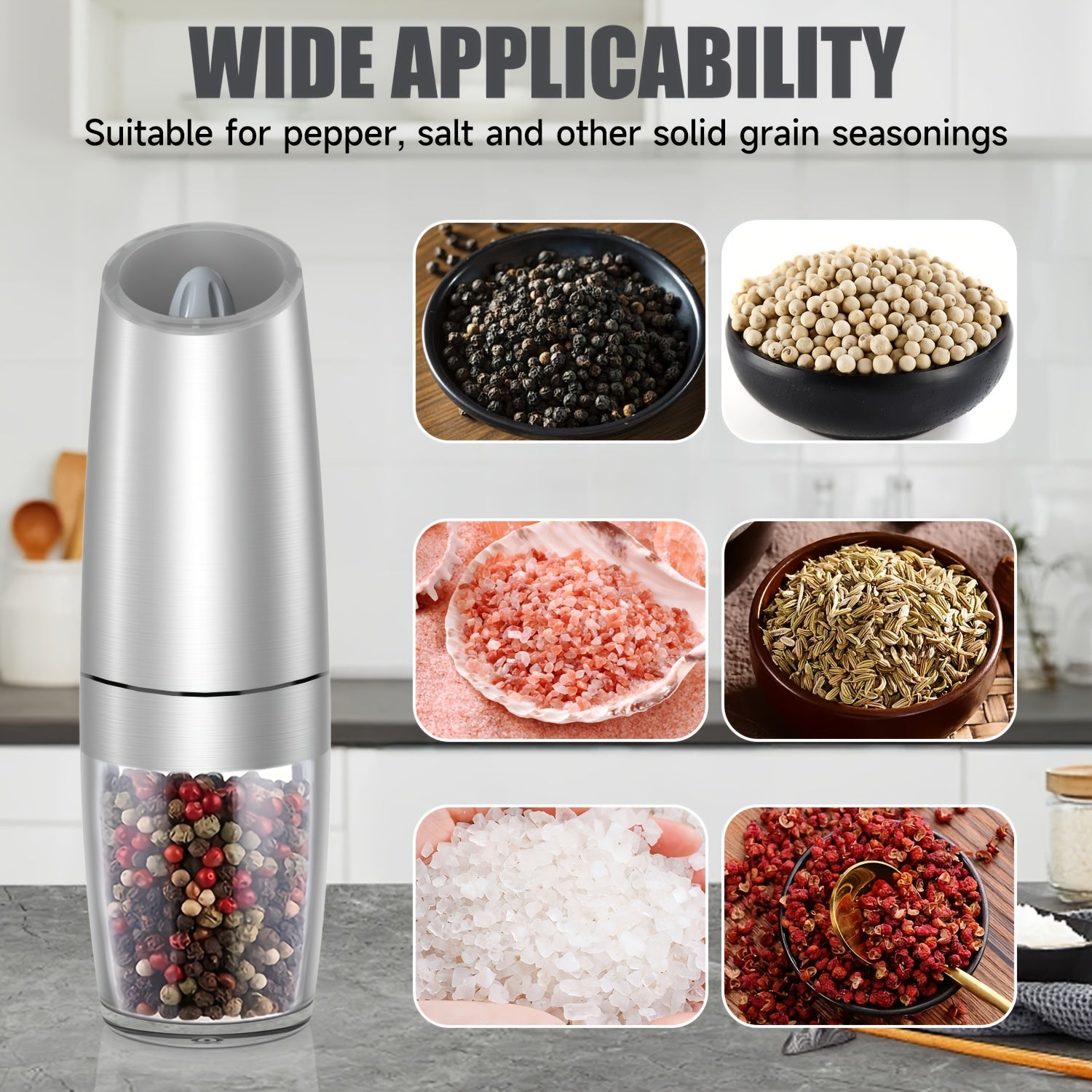 Elektr pechene va tuz maydalagich to'plami, sozlanadigan qattiq, zanglamaydigan po'latdan, batareyali