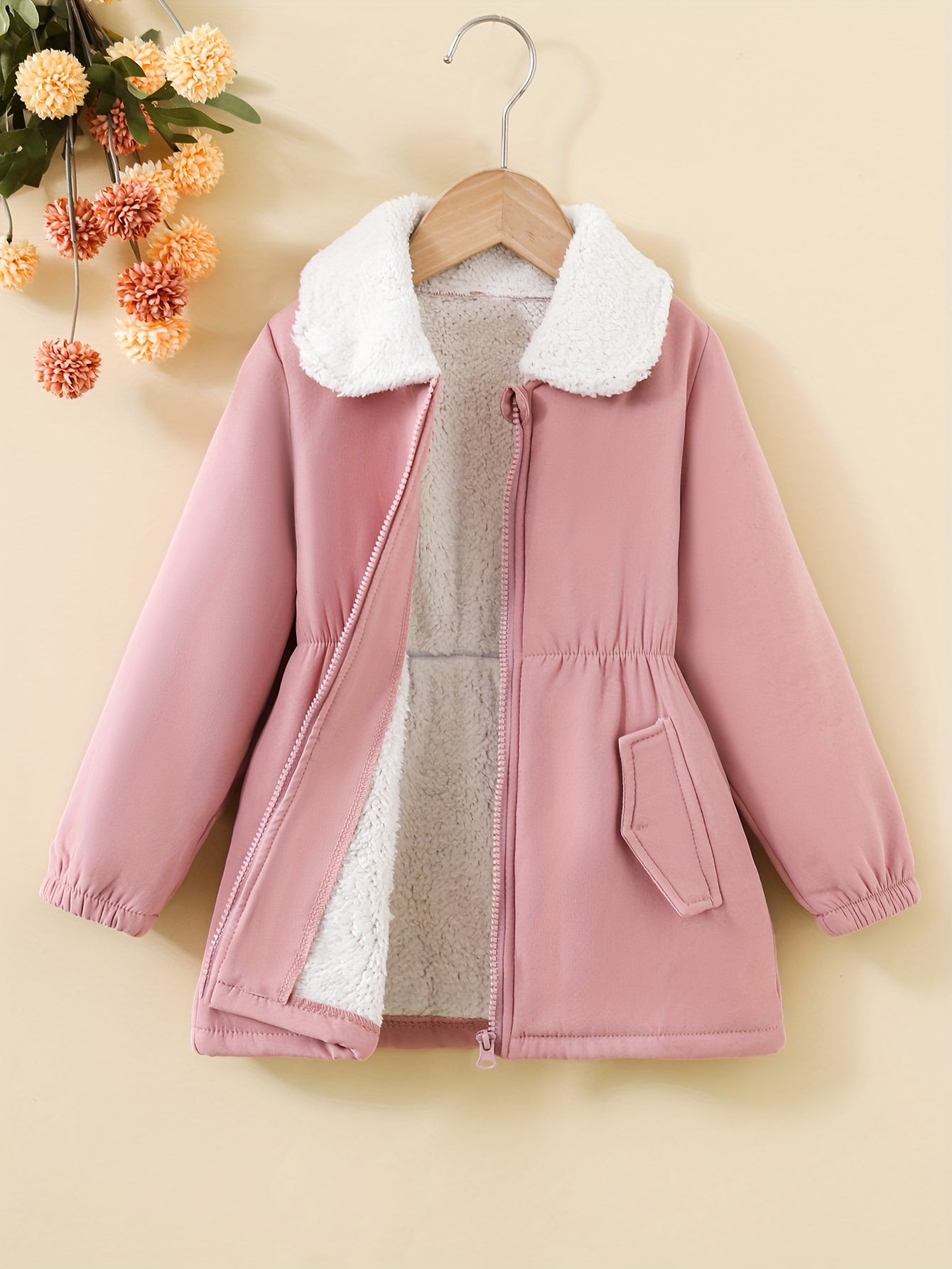 Girls' Fleece-Lined Coat with Waist Cinching and Loose Fit for Fall Winter