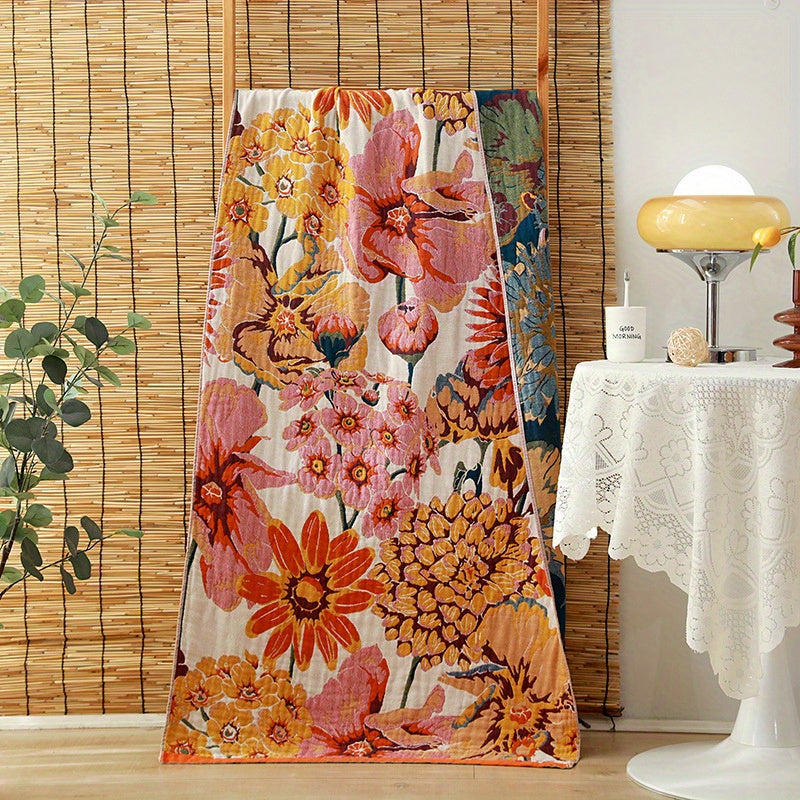 Cotton Gauze Bath Towel with Floral Pattern Soft Absorbent Machine Washable