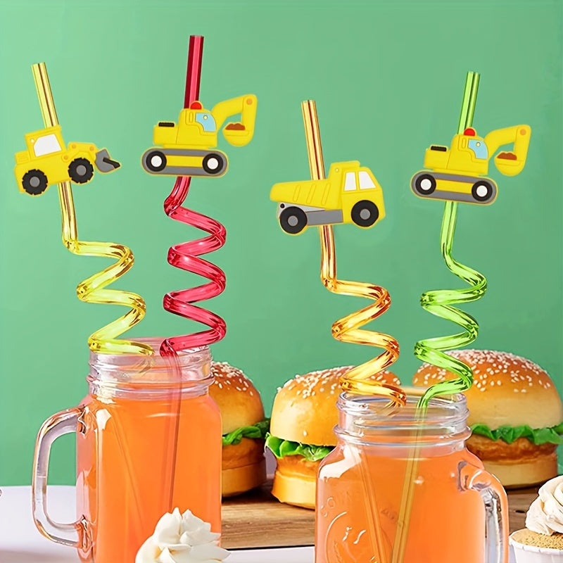 Set of 8 Construction Vehicle Party Straws Plastic for Birthdays and Events
