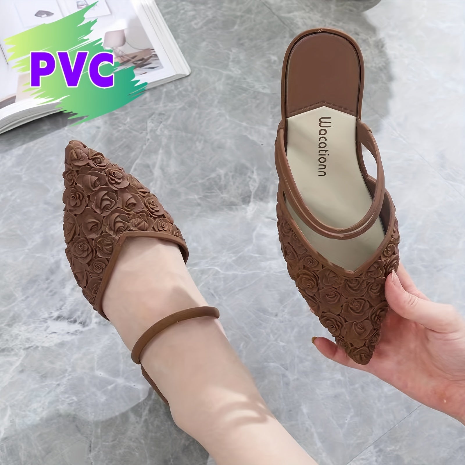 Women's PVC Floral Slide Sandals with Pointed Toe and Mid Heel