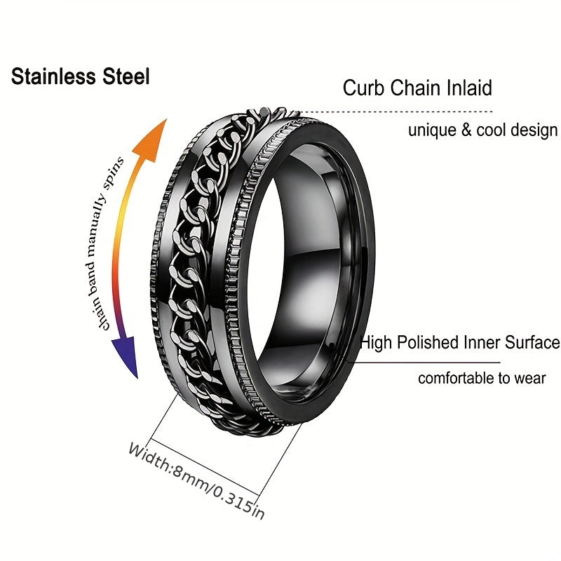 Black Rotating Rings for Men, Minimalist Stylish Jewelry with Concave Grooves