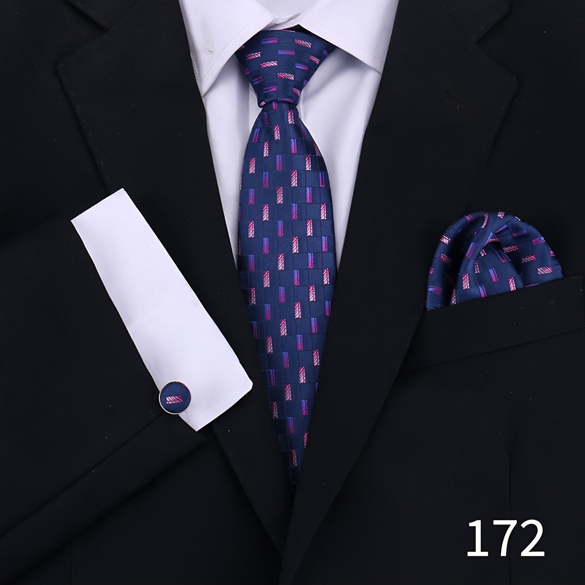 Men's Plaid Tie Set with Cufflinks and Handkerchief for Wedding and Formal Wear