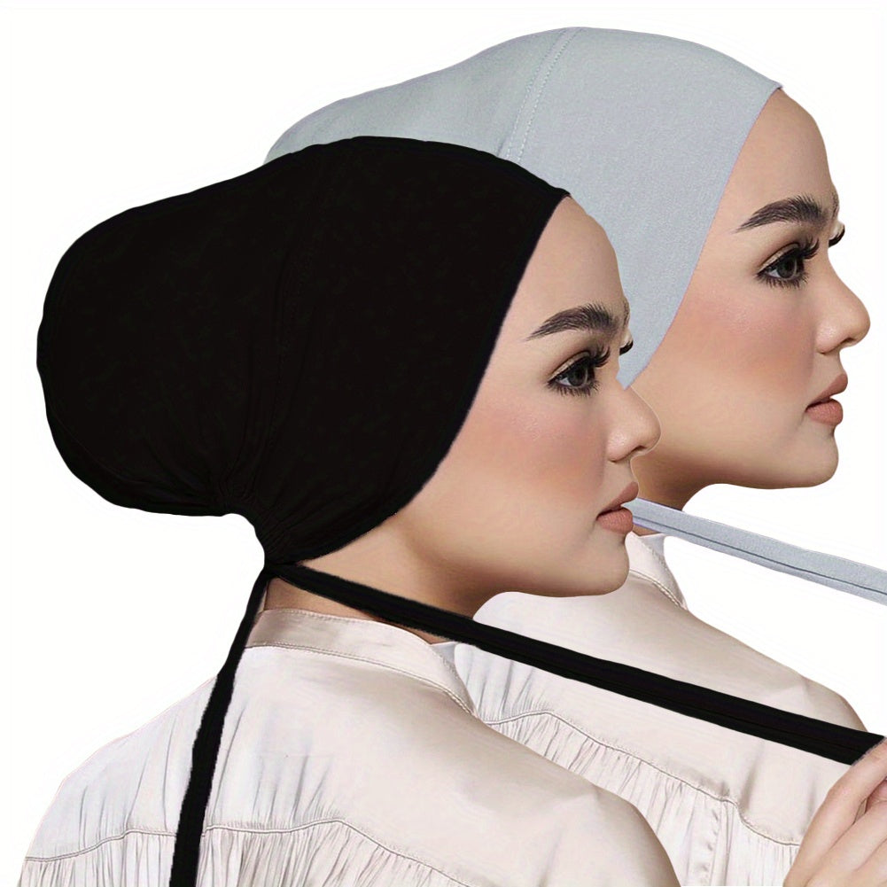 Set of 2 Solid Color Tied Back Undercaps with Elastic Inner Hijab Caps for Women