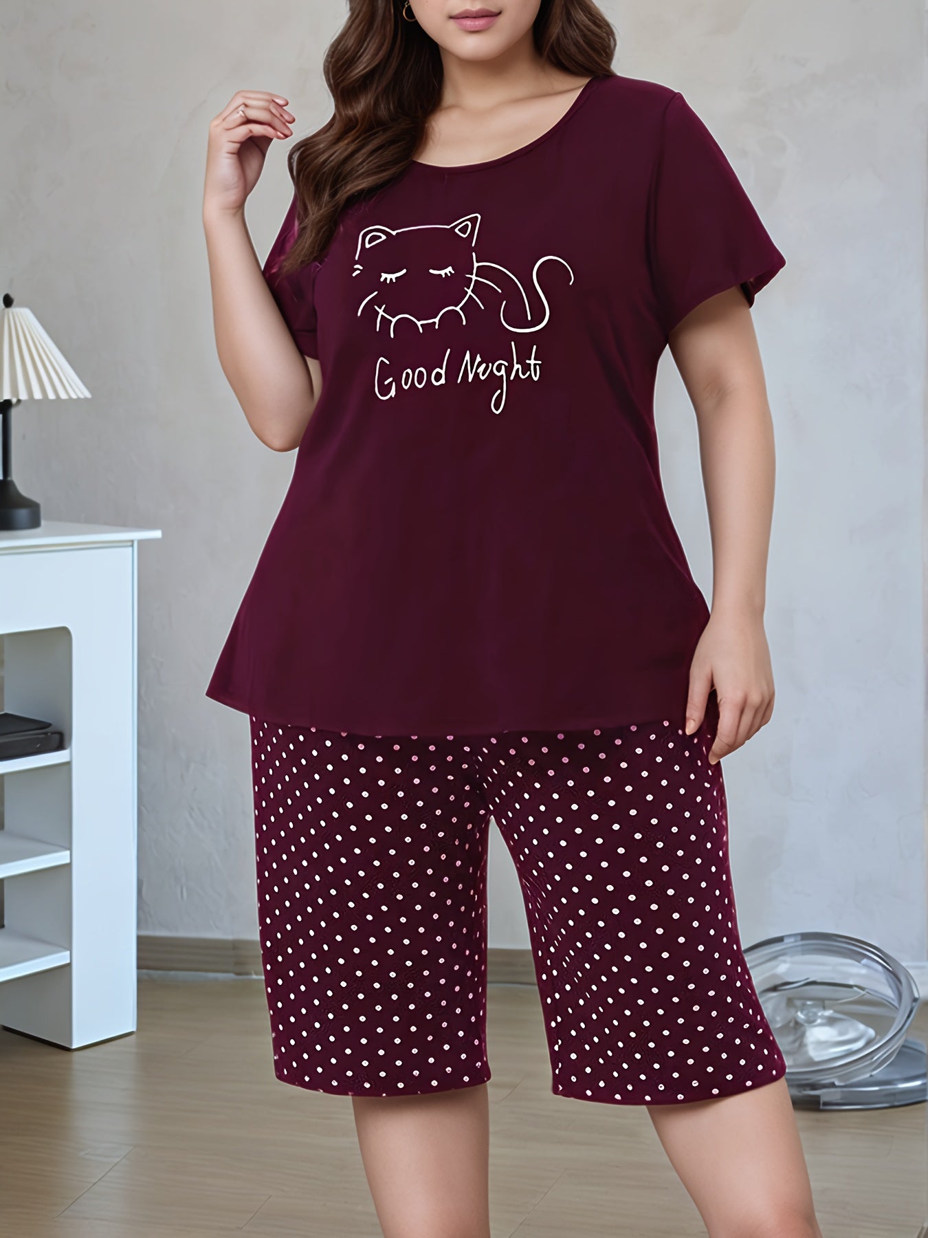Conjunto de pijama de algodón para mujer con estampado de gatito, ropa de dormir de manga corta, talla grande