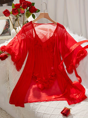 Women's Lace Lingerie Set with V-Neck Bodysuit and Robe