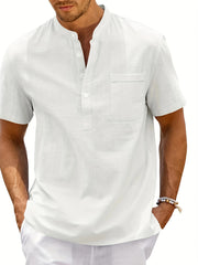 Camisa de algodón blanca de manga corta para hombre con cuello alto y bolsillo en el pecho, talla plus