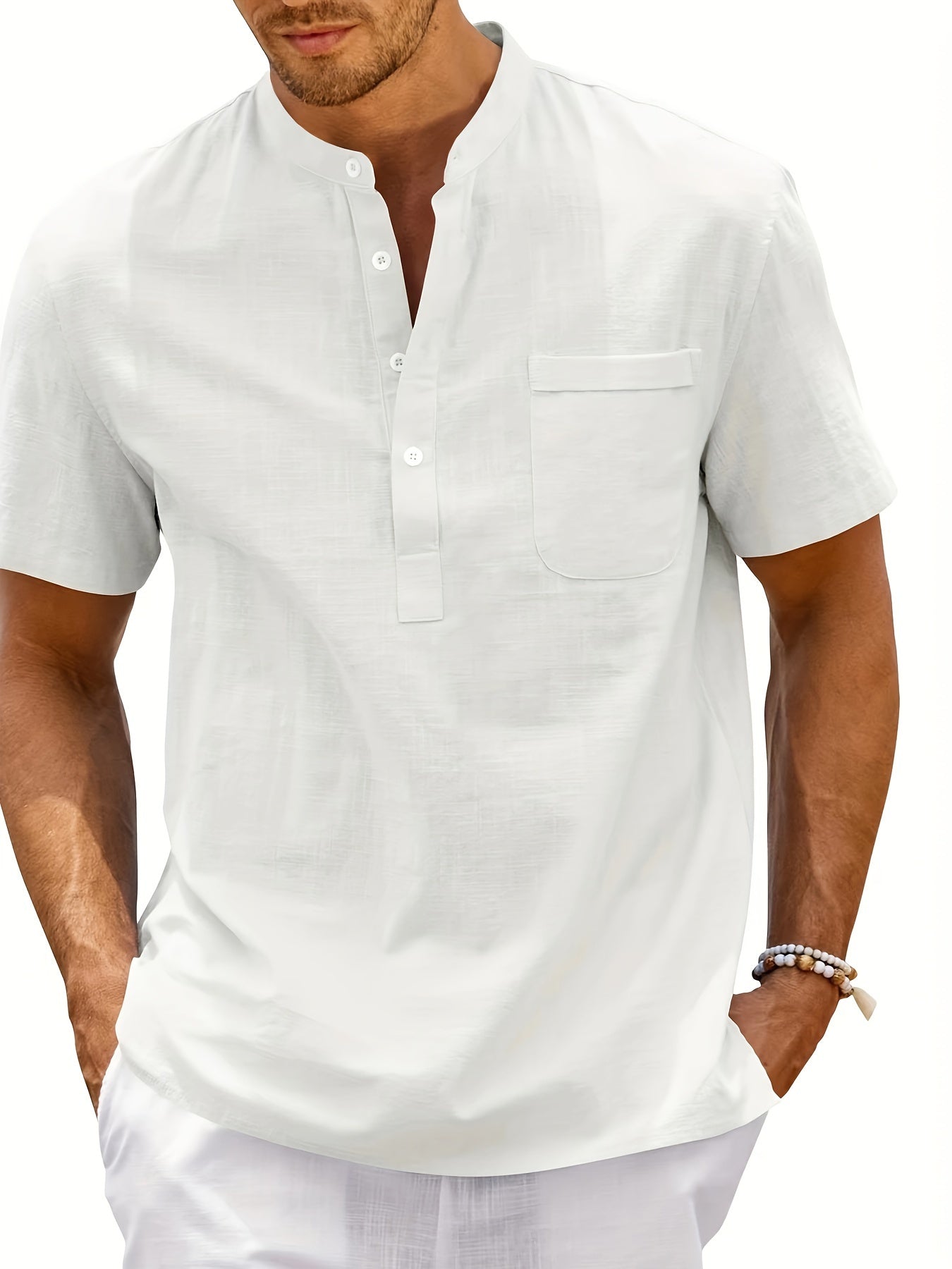 Camisa de algodón blanca de manga corta para hombre con cuello alto y bolsillo en el pecho, talla plus