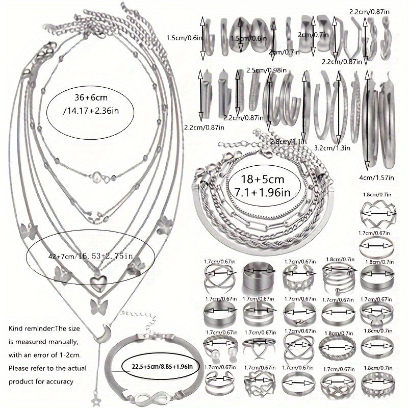 Ayollar uchun 57 ta zamonaviy metall zargarlik buyumlari to'plami: zanjirlar, sirg'alar, bilaguzuklar, uzuklar, oyoq uzuklari