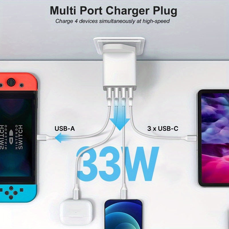 4-Port USB Charger Fast Charging EU Plug Adapter for Tablets and Smartphones