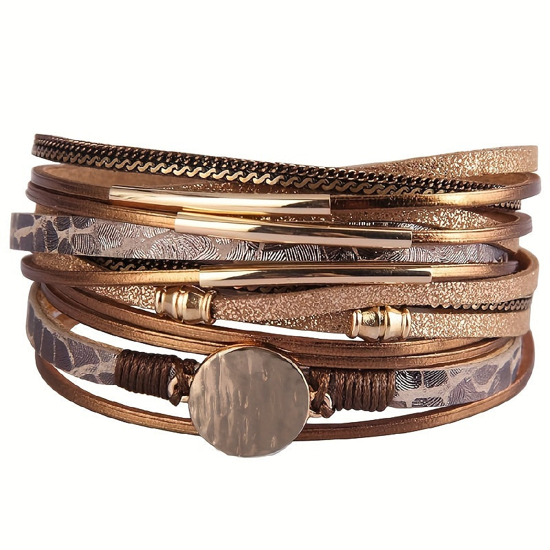 Women's Boho Leather Wrap Bracelet with Synthetic Stones and Gold-Tone Accents