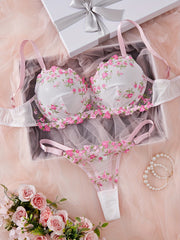 Adult Women's Floral Lingerie Set Polyester Blend Semi-Sheer with Stretch