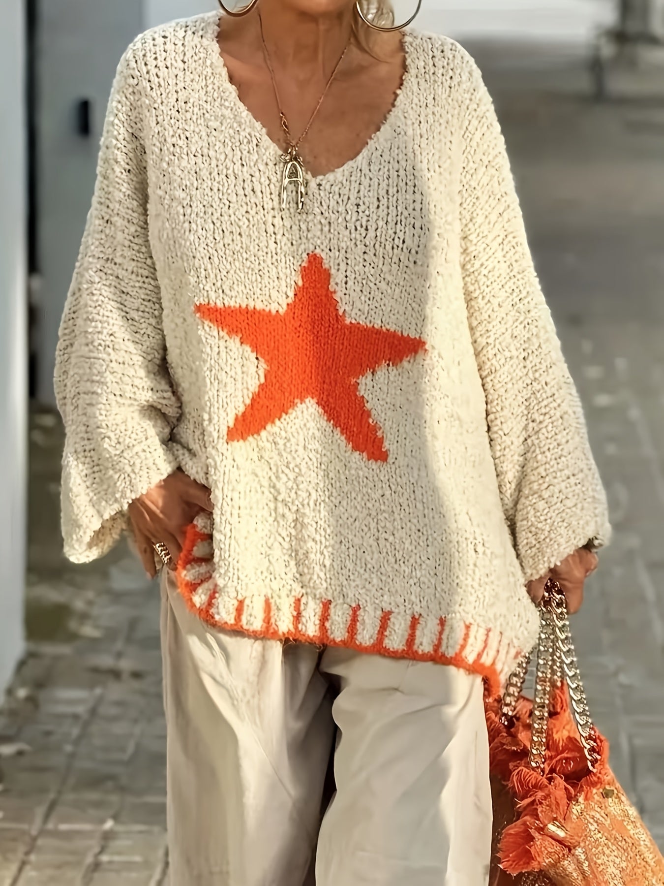 Plus Size Women's V-Neck Sweater in White with Red Star Casual Pullover