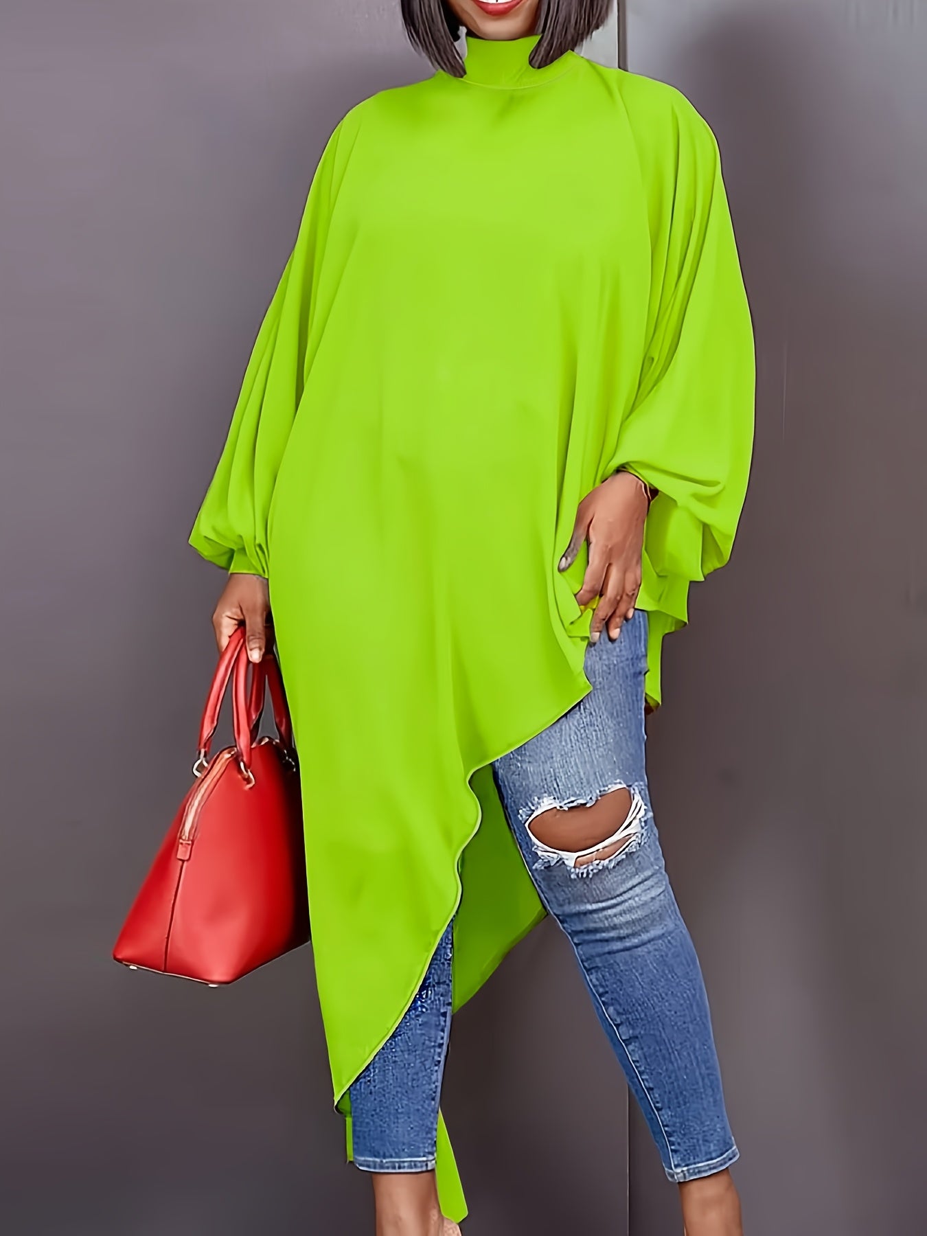 Plus Size Knit Top Asymmetrical High Stretch Yellow Casual Allseason