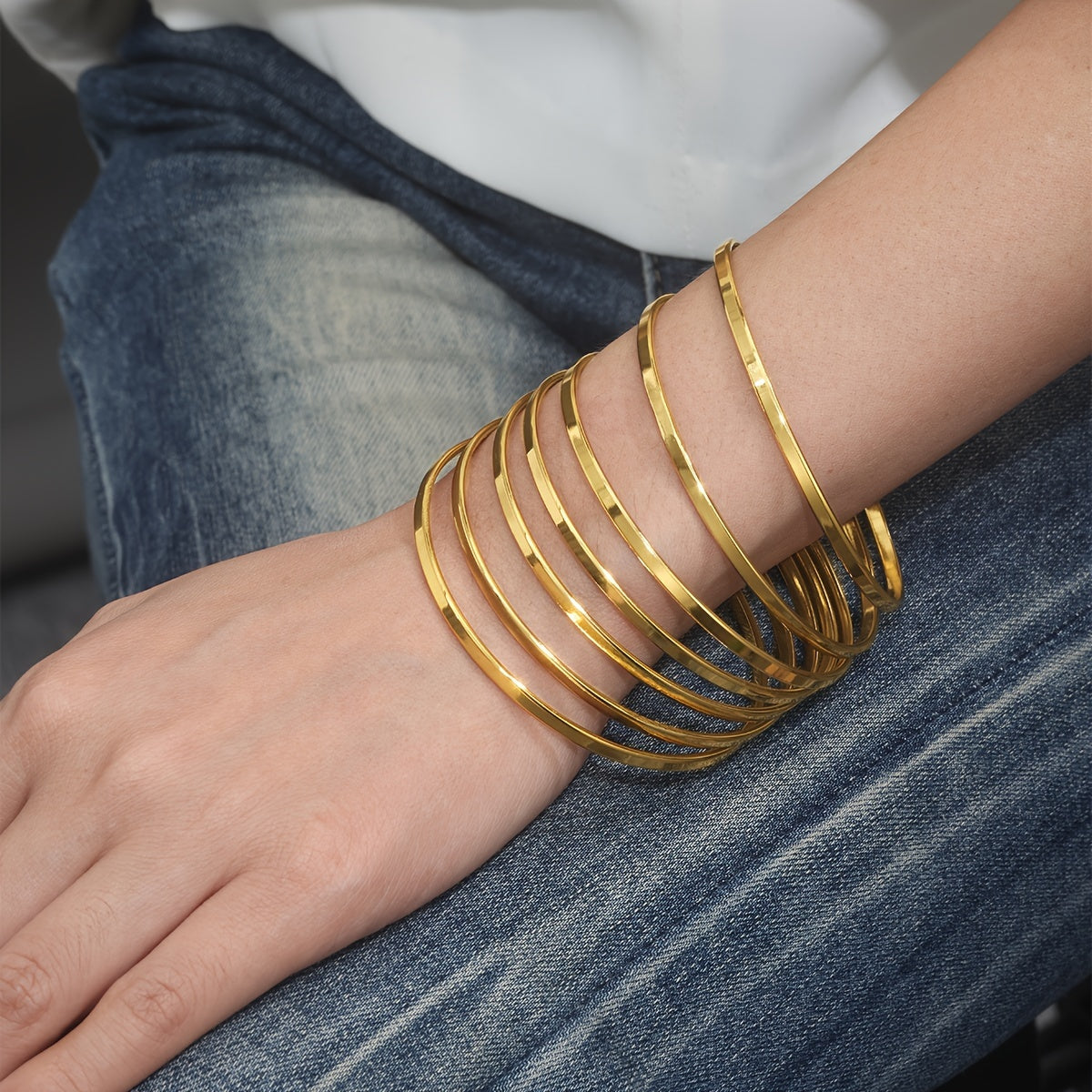 7-Piece Gold Plated Stainless Steel Bangles Set for Women Minimalist Multi-Layered Jewelry for Daily Wear or Parties