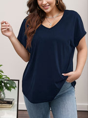 Women Plus Size Solid V-Neck Short Sleeve T-Shirt Casual Clothing