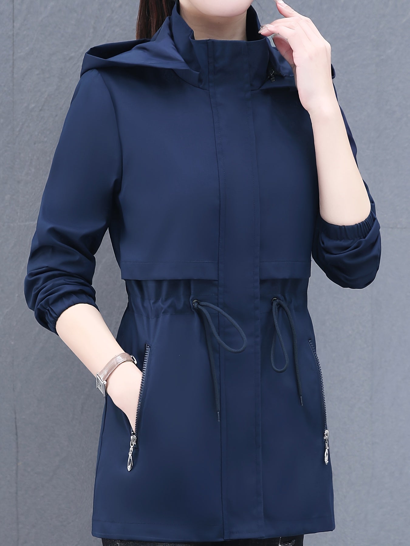 Women's Zip-Up Windbreaker Hoodie Jacket with Drawstring Waist and Slant Pockets for Spring and Fall