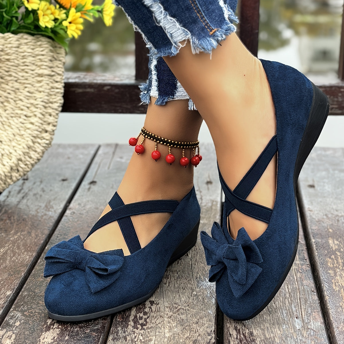 Women's Gray Mary Jane Flats with Bow - Lightweight Slip-On Comfort Shoes