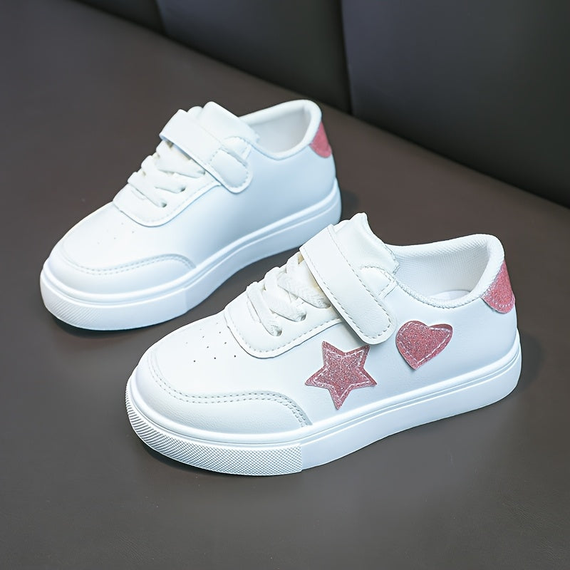 Girls' All-Season Heart and Star Pattern Sports Sneakers Low Top Lace-Up Shoes for Outdoor Activities