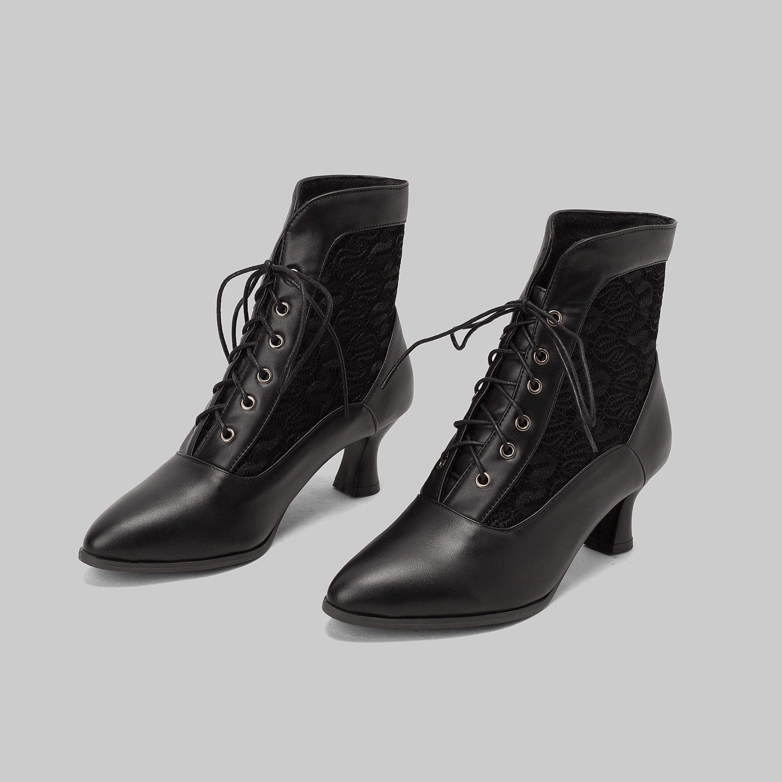 Women's Leather Stiletto Ankle Boots Pointed Toe Lace Up Short Shoes