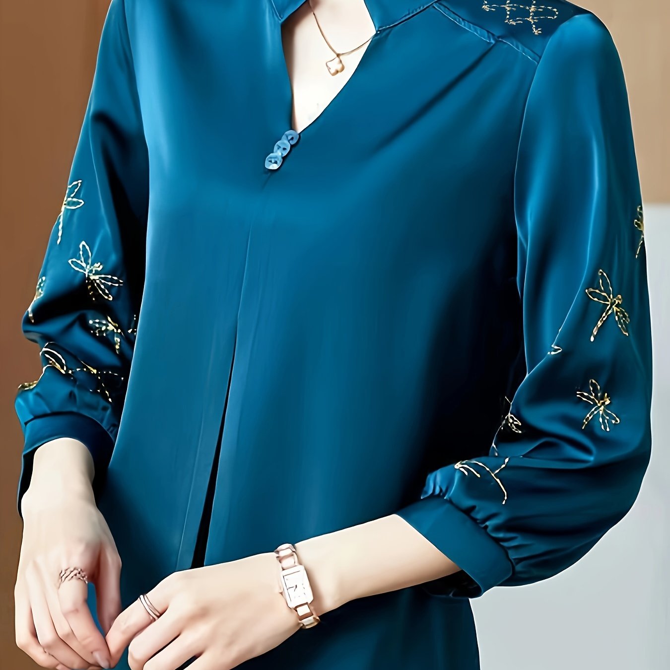 Women's Embroidered Notched Neck Blouse with 3/4 Sleeves for Spring and Fall