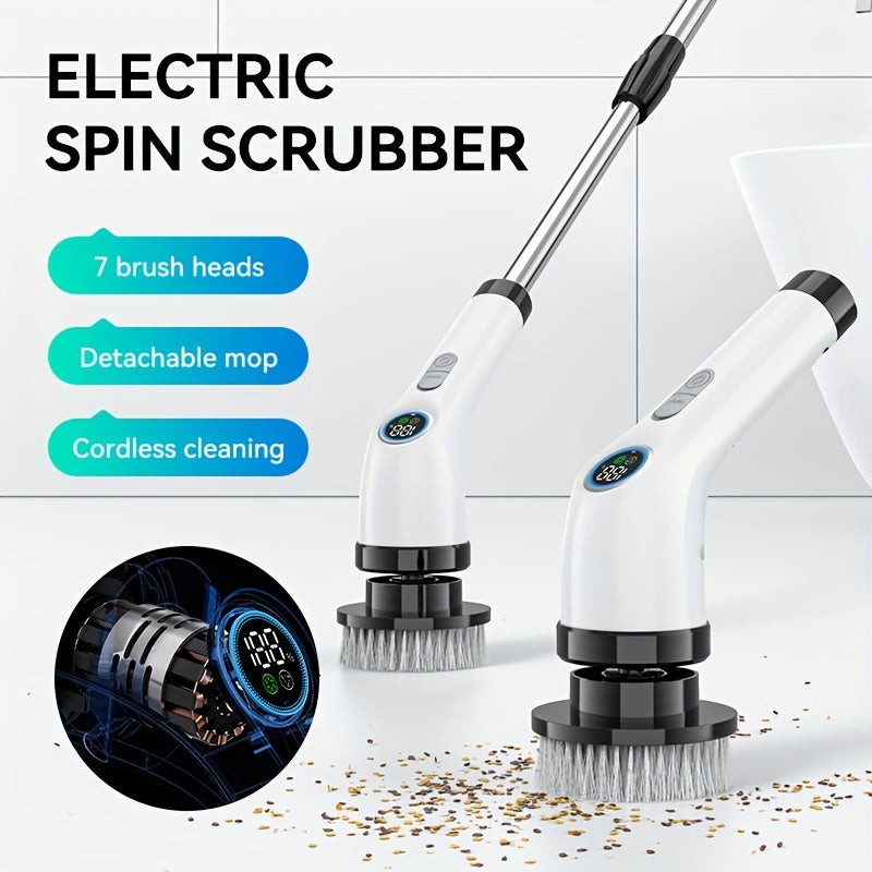 7-in-1 Electric Spin Scrubber with LCD Display, Reusable Brush Heads, 3 Speeds