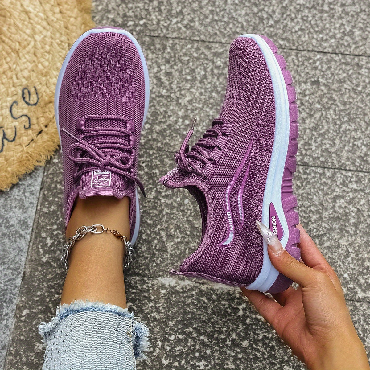 Women's Casual Knit Running Shoes with Lace-Up Patterned Design