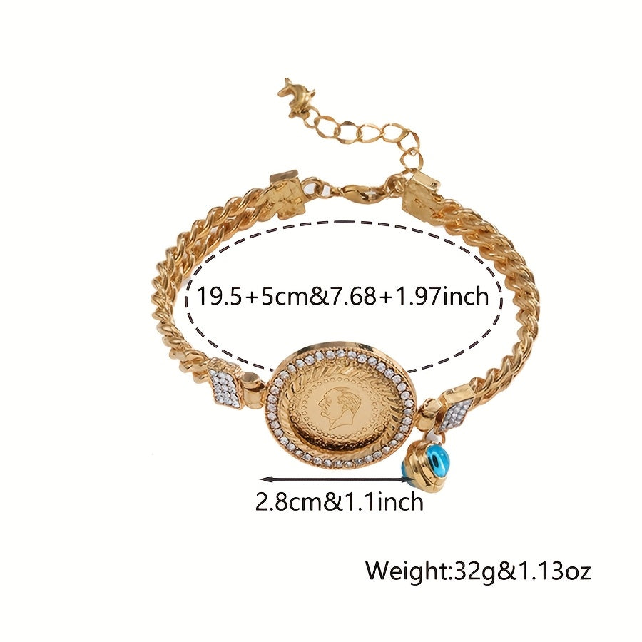 Gold-Plated Copper Bangle with Rhinestones and Evil Eye Motif for Women