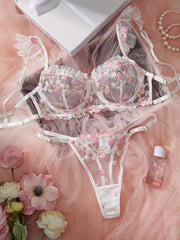 Women's Flower Design Lingerie Set with Bra and Thong for Sexy Underwear